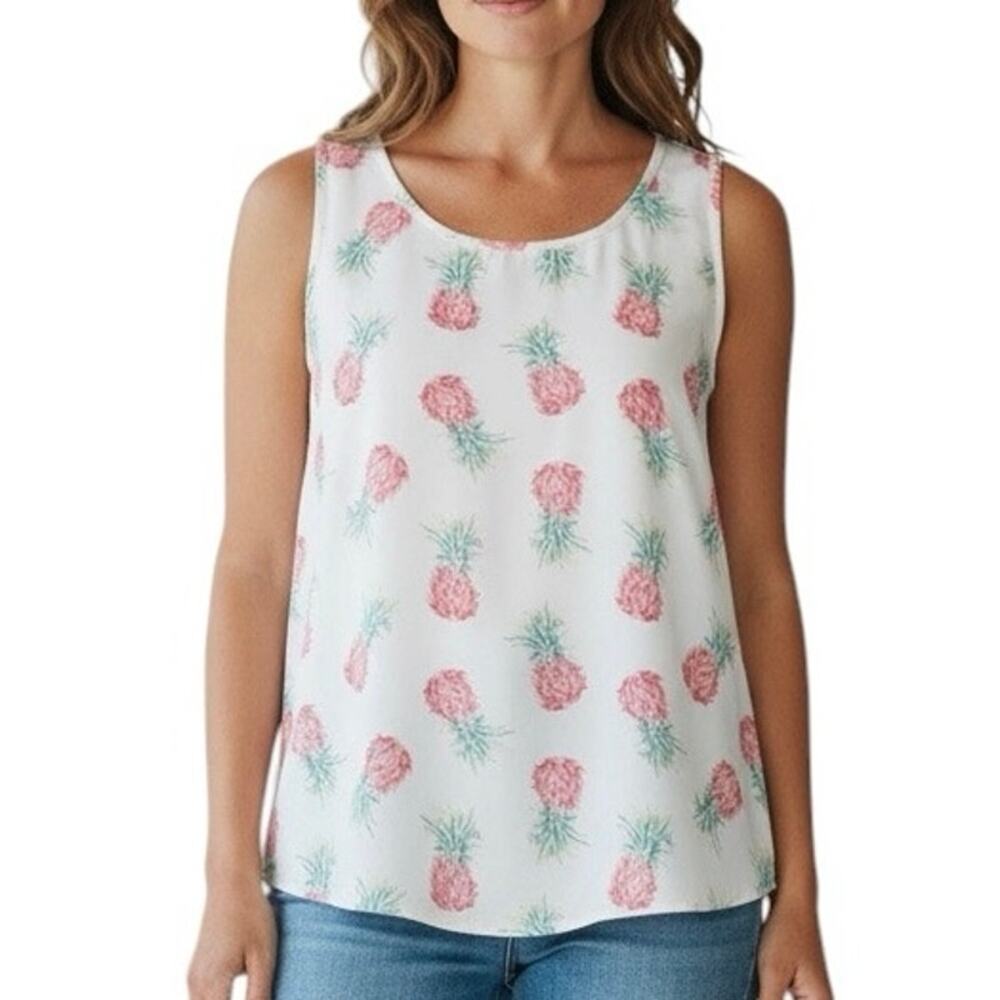 Time and Tru Pineapple Tank Top XL White Pink Summer Sleeveless Blouse